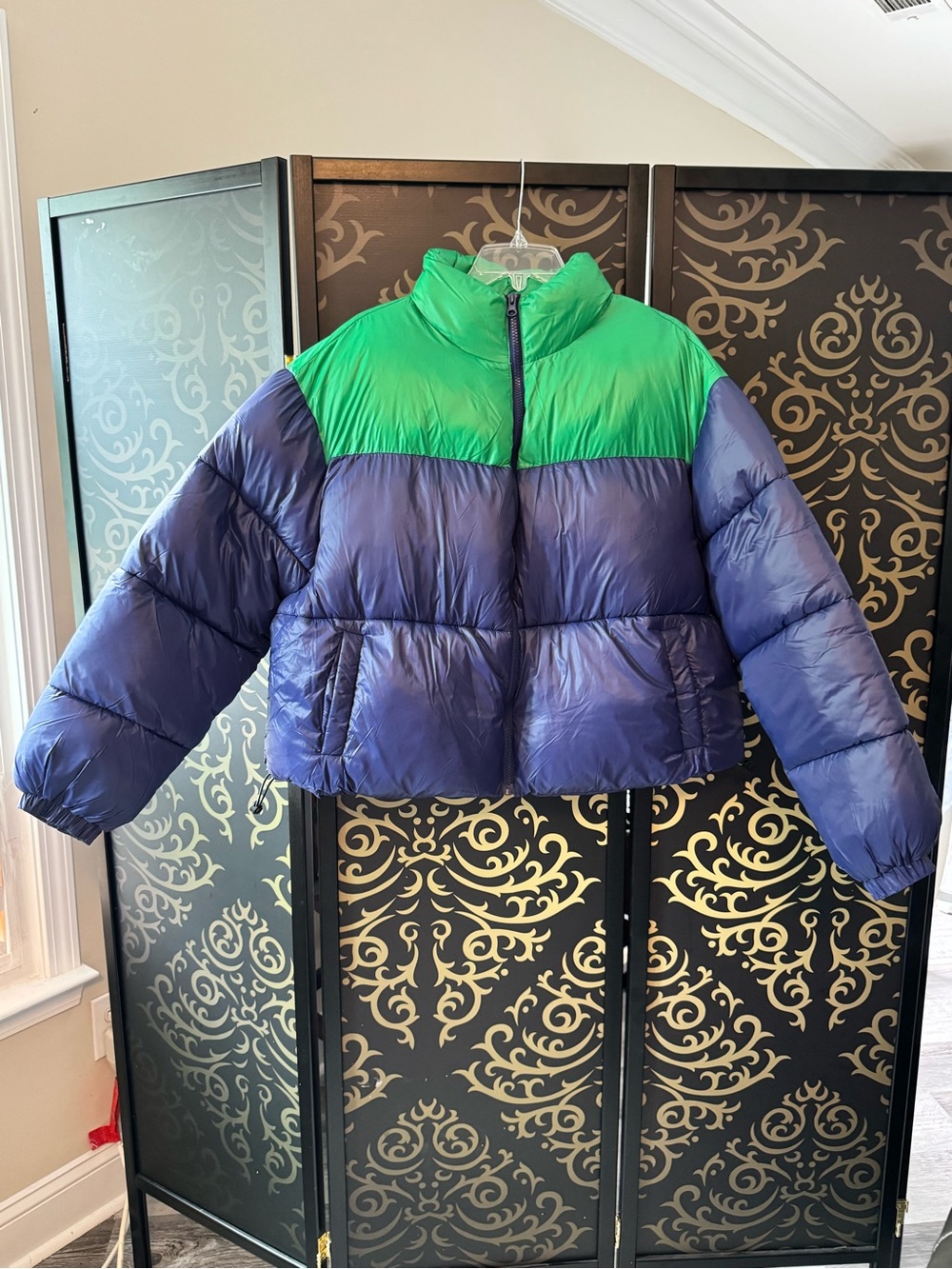 Fashion Nova Green and Purple Colorblock Puffer Jacket